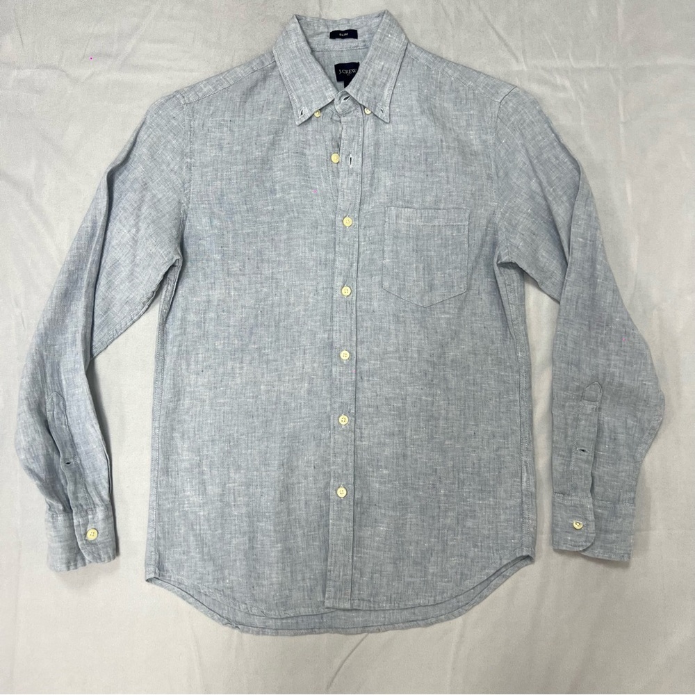 J Crew Baby Blue Soft Linen Slim Button Down Shirt.